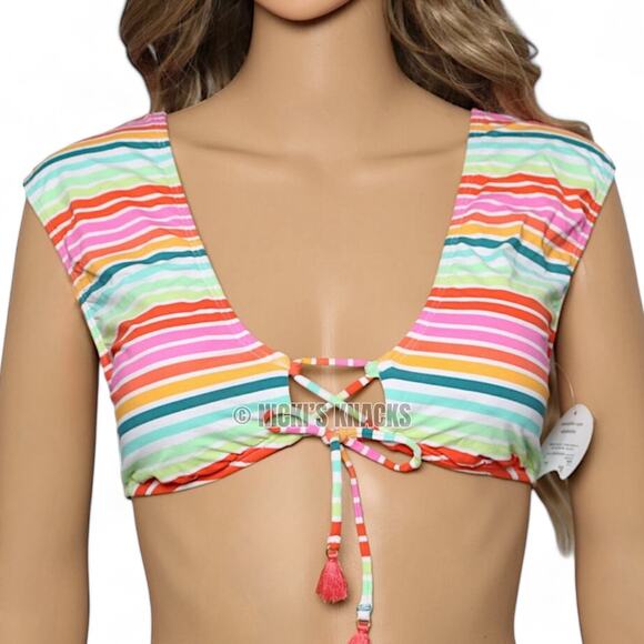 Decree Striped Lace Up Bralette Bikini Top Multicolor Swimsuit Size M - Picture 2 of 10